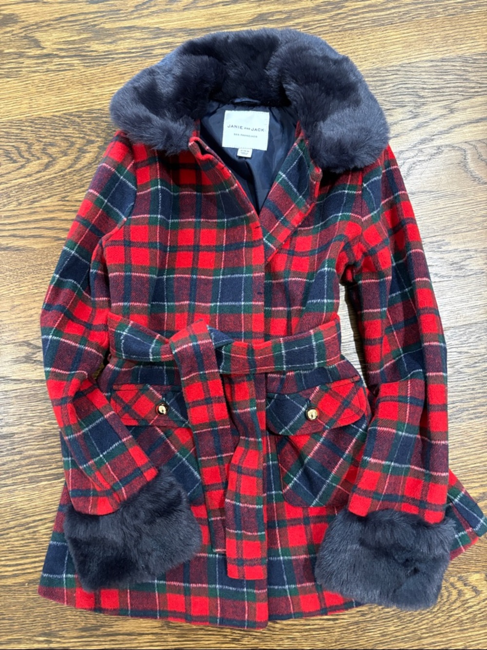 Janie and Jack Red & blue Plaid Pea Coat with Faux Fur Trim